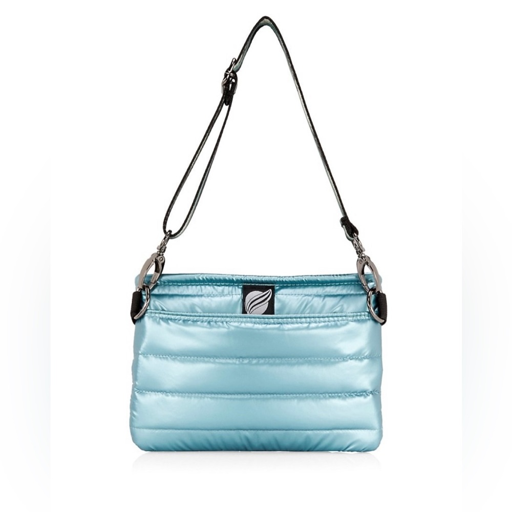 THINK ROYLN Satin Light Blue Puffer Crossbody with Black Strap